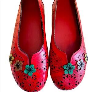 Red Leather Floral Flats NWOT